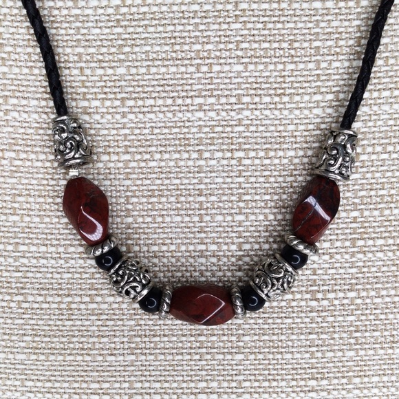 Vintage Red Jasper Necklace – Artisan Silver Accents on Braided Cord - Picture 4 of 13
